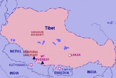 Mappa geografica Cina. Tibet